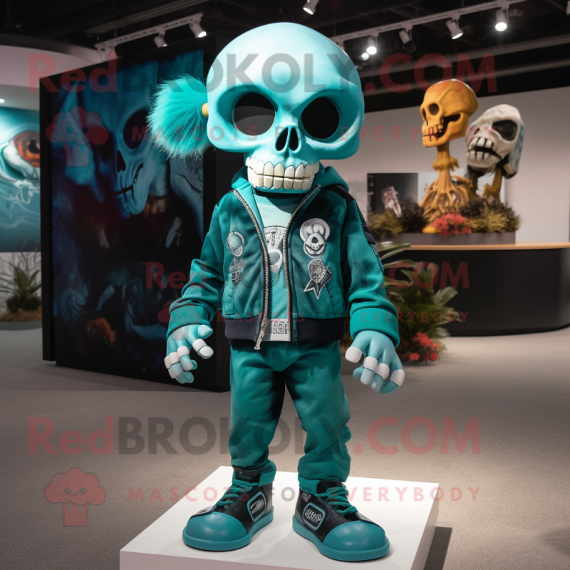 Teal Skull mascot costume character dressed with a Romper and Shoe clips