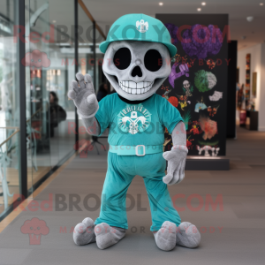 Teal Skull mascot costume character dressed with a Romper and Shoe clips