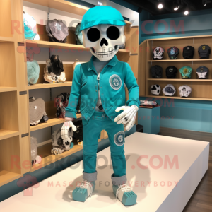 Teal Skull mascot costume character dressed with a Romper and Shoe clips