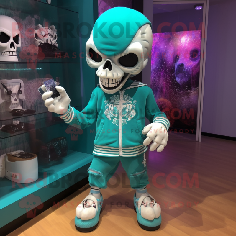 Teal Skull mascot costume character dressed with a Romper and Shoe clips