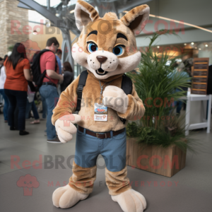 Tan Bobcat mascot costume character dressed with a Jeans and Keychains