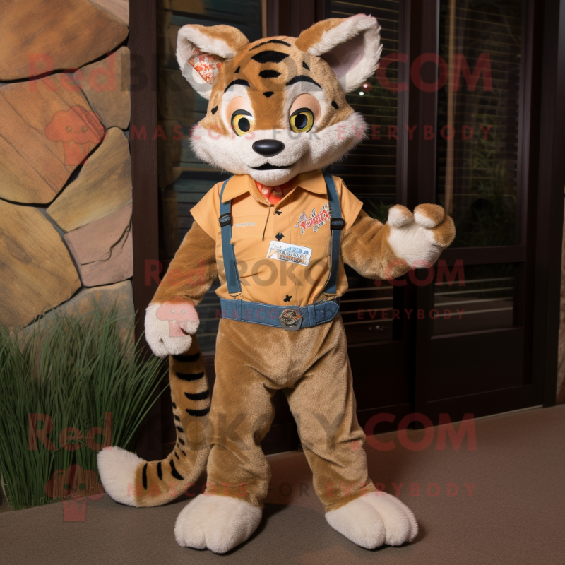 Tan Bobcat mascot costume character dressed with a Jeans and Keychains