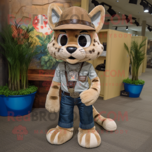 Tan Bobcat mascot costume character dressed with a Jeans and Keychains