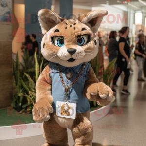 Tan Bobcat mascot costume character dressed with a Jeans and Keychains