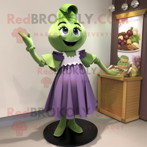 Olive Grape mascot costume character dressed with a A-Line Skirt and Shoe clips