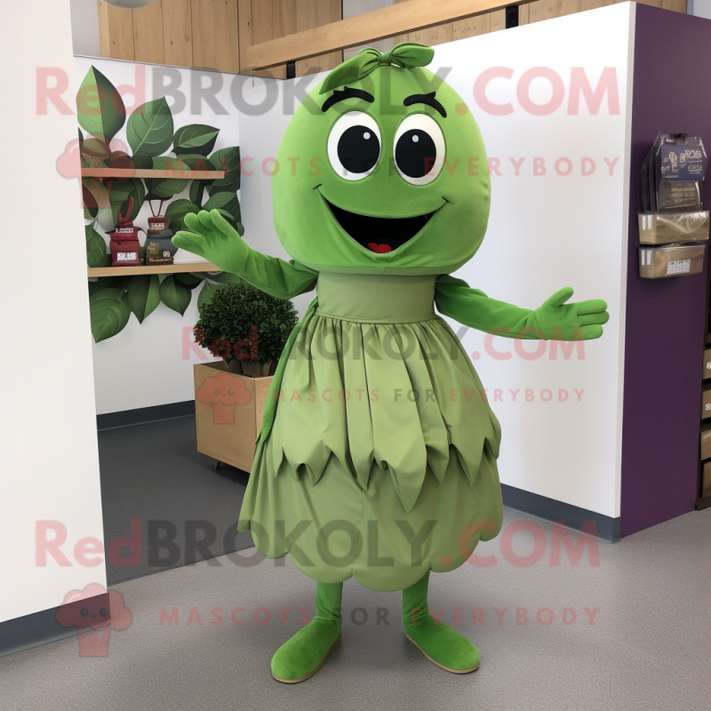 Olive Grape mascot costume character dressed with a A-Line Skirt and Shoe clips