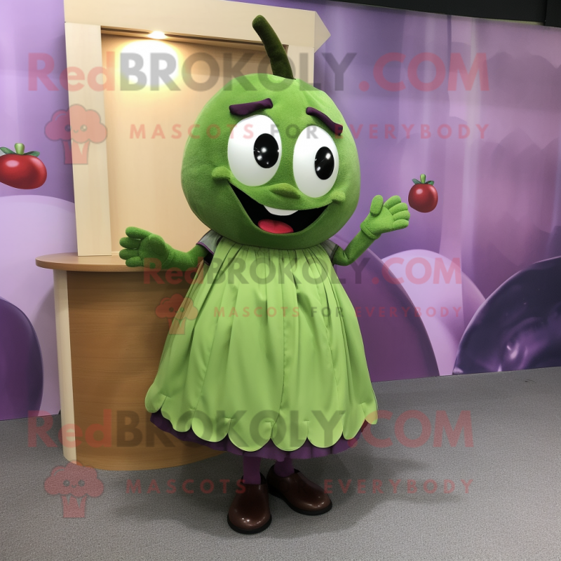 Olive Grape mascot costume character dressed with a A-Line Skirt and Shoe clips