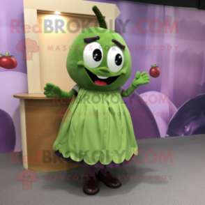 Olive Grape mascot costume character dressed with a A-Line Skirt and Shoe clips