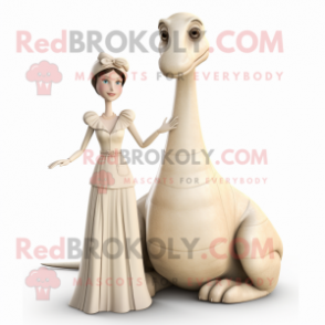 Cream Brachiosaurus mascot costume character dressed with a Empire Waist Dress and Cummerbunds