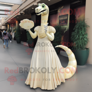 Cream Brachiosaurus mascot costume character dressed with a Empire Waist Dress and Cummerbunds