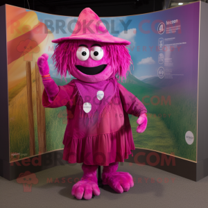Magenta Scarecrow mascot costume character dressed with a T-Shirt and Rings