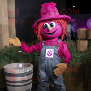 Magenta Scarecrow mascot costume character dressed with a T-Shirt and Rings