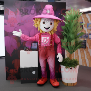 Magenta Scarecrow mascot costume character dressed with a T-Shirt and Rings