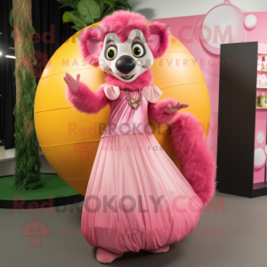 Pink Lemur mascot costume character dressed with a Ball Gown and Wraps