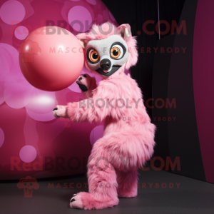 Pink Lemur mascot costume character dressed with a Ball Gown and Wraps