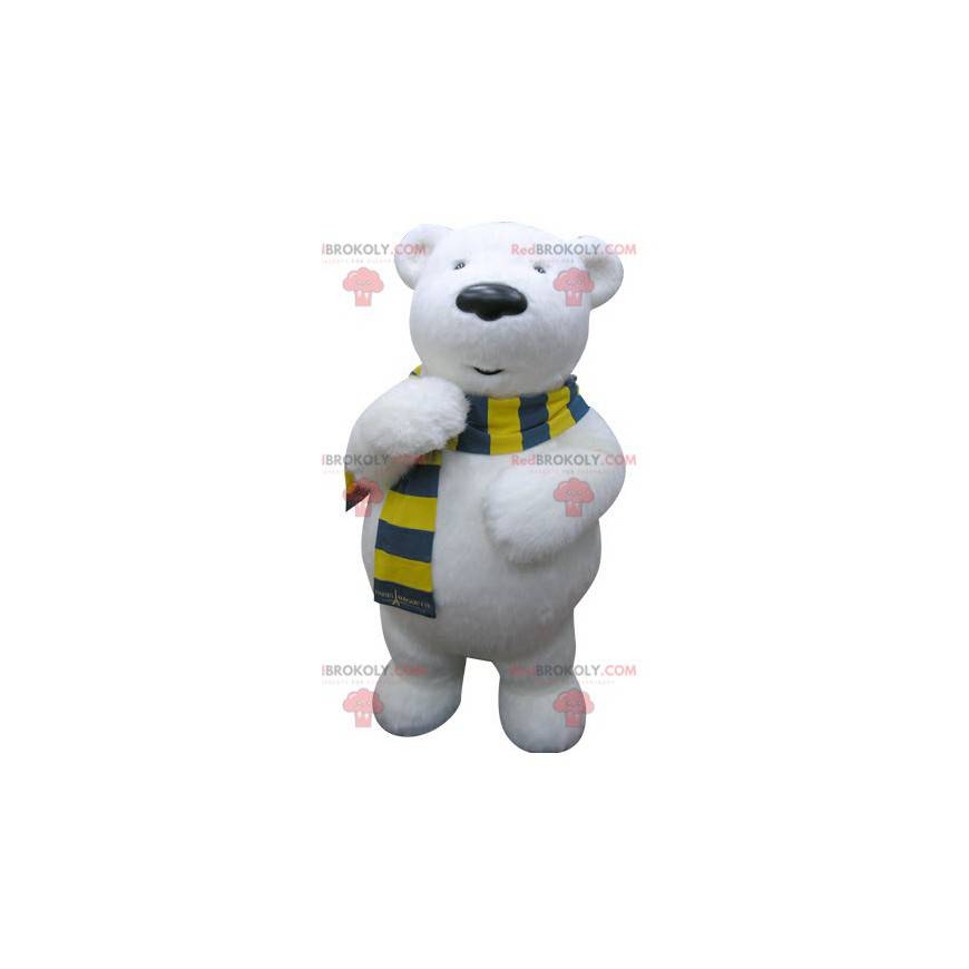 Mascota del oso polar con una bufanda amarilla y azul. -