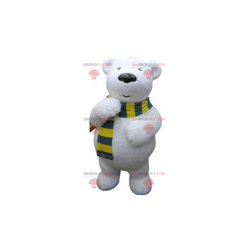 Polar bear mascot with a yellow and blue scarf - Redbrokoly.com