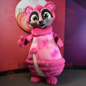 Pink Lemur mascot costume character dressed with a Ball Gown and Wraps