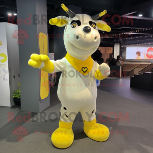 Lemon Yellow Cow mascot costume character dressed with a Skinny Jeans and Foot pads