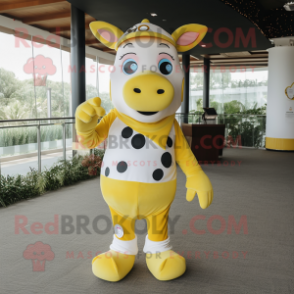 Lemon Yellow Cow mascot costume character dressed with a Skinny Jeans and Foot pads