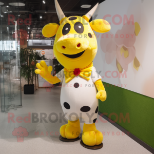 Lemon Yellow Cow mascot costume character dressed with a Skinny Jeans and Foot pads