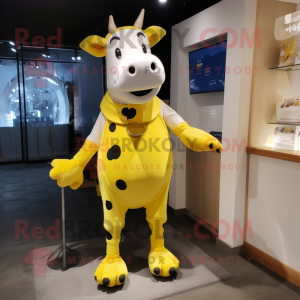Lemon Yellow Cow mascot costume character dressed with a Skinny Jeans and Foot pads