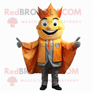 Orange King mascot costume character dressed with a Suit Jacket and Scarves