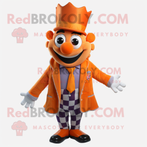 Orange King mascot costume character dressed with a Suit Jacket and Scarves