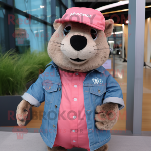 Pink Marmot mascot costume character dressed with a Denim Shirt and Brooches