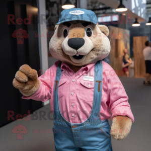 Pink Marmot mascot costume character dressed with a Denim Shirt and Brooches