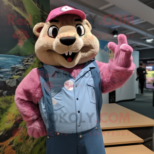 Pink Marmot mascot costume character dressed with a Denim Shirt and Brooches