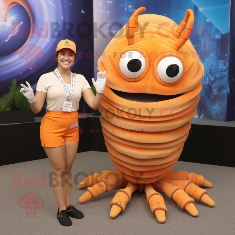 Orange Trilobite mascot costume character dressed with a Pencil Skirt and Bracelets