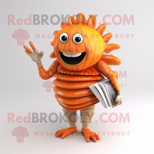 Orange Trilobite mascot costume character dressed with a Pencil Skirt and Bracelets