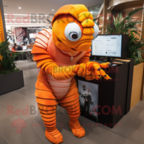 Orange Trilobite mascot costume character dressed with a Pencil Skirt and Bracelets