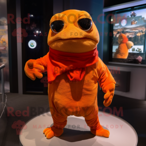 Orange Frog mascot costume character dressed with a Turtleneck and Shawls