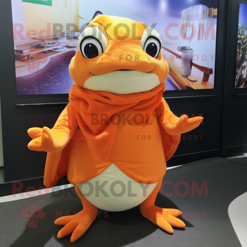 Orange Frog mascot costume character dressed with a Turtleneck and Shawls