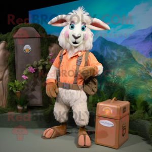 Peach Angora Goat mascot costume character dressed with a Cargo Shorts and Brooches