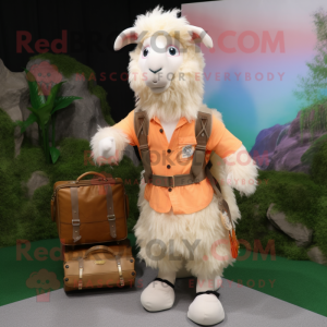 Peach Angora Goat mascot costume character dressed with a Cargo Shorts and Brooches