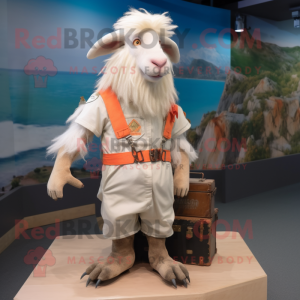 Peach Angora Goat mascot costume character dressed with a Cargo Shorts and Brooches