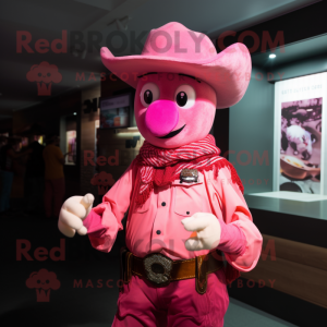 Pink Cowboy mascot costume character dressed with a Polo Shirt and Gloves