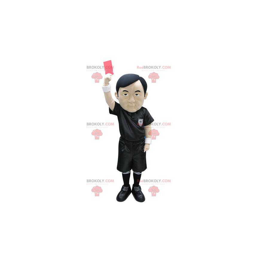Aziatische scheidsrechter mascotte gekleed in het zwart -