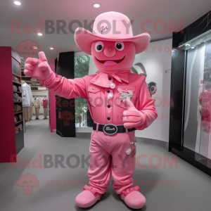 Pink Cowboy mascot costume character dressed with a Polo Shirt and Gloves