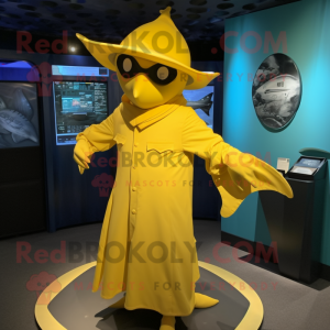 Yellow Manta Ray mascot costume character dressed with a Sheath Dress and Berets