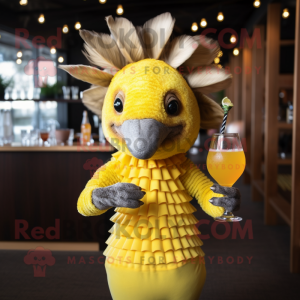Yellow Armadillo mascot costume character dressed with a Cocktail Dress and Beanies