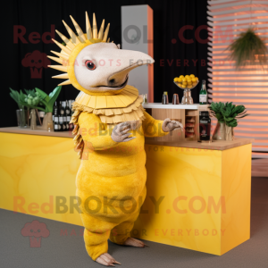 Yellow Armadillo mascot costume character dressed with a Cocktail Dress and Beanies