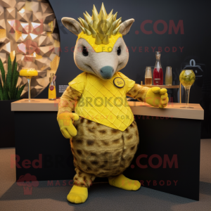 Yellow Armadillo mascot costume character dressed with a Cocktail Dress and Beanies