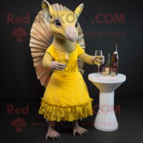 Yellow Armadillo mascot costume character dressed with a Cocktail Dress and Beanies