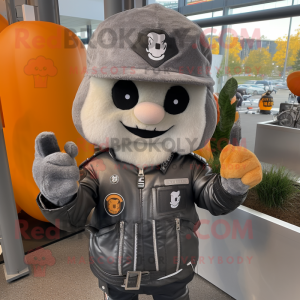 Gray Pumpkin mascot costume character dressed with a Moto Jacket and Berets