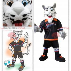 Maskot vit och svart tiger med sin fotbollsspelare -