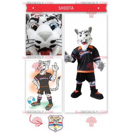 Witte en zwarte tijger mascotte met zijn voetballerpak -